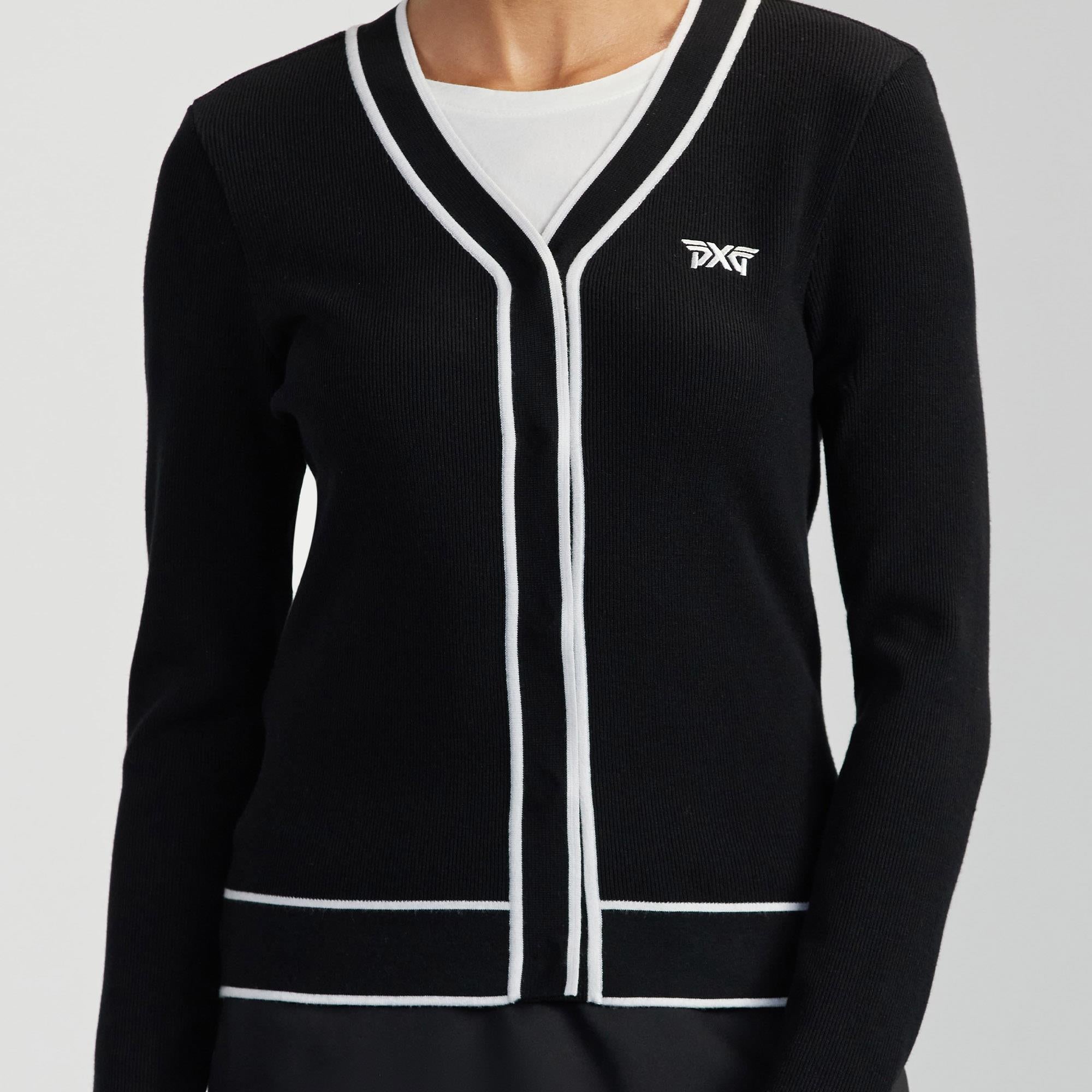 Model Wearing PXG Ladies Golf Cardigan – Black and White – Styled Front View